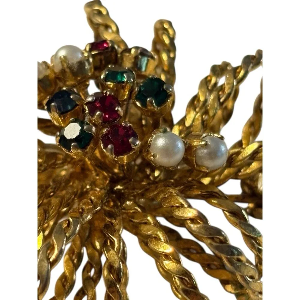 Austria 3D Rope Brooch Pin Starburst Fireworks‎ Atomic Rhinestone Faux Pearl VTG